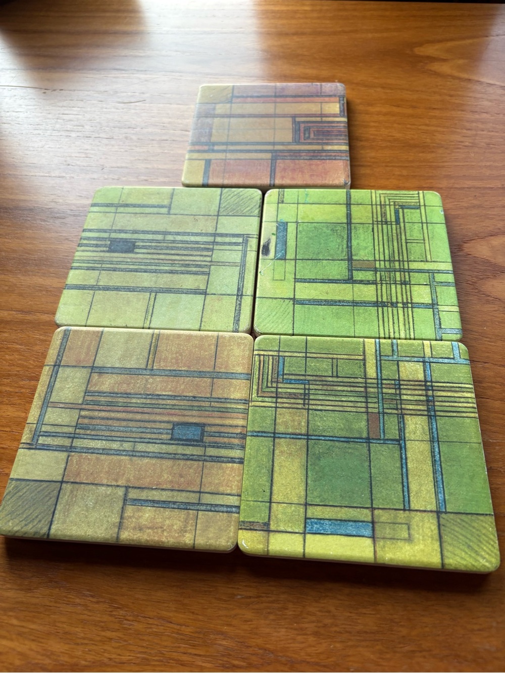 Set of 5 Absorbent Stone Coasters Frank Lloyd Wright Art Glass Designs Multi MCM